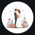 Love in Bloom Wedding Sticker Runt Klistermärke<br><div class="desc">Celebrate your special day with this charming sticker of a bride and groom surrounded by vibrant flowers and heartfelt details.</div>