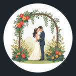 Love in Bloom Wedding Sticker Runt Klistermärke<br><div class="desc">Celebrate your love with this beautifully illustrated sticker showcasing a bride and groom under a floral arch,  perfect for wedding celebrations.</div>