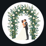 Love in Bloom Wedding Sticker Runt Klistermärke<br><div class="desc">Romantic illustration of a couple sharing a kiss under a floral arch,  perfect for wedding decor or to share with loved ones.</div>