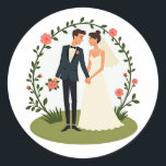Love in Bloom Wedding Sticker Runt Klistermärke<br><div class="desc">Delightful illustration of a bride and groom standing under a floral arch,  perfect for wedding celebrations and loved ones.</div>
