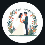 Love in Bloom Wedding Stickers Runt Klistermärke<br><div class="desc">Celebrate your special day with these beautifully illustrated wedding-themed stickers featuring a loving couple under a floral arch!</div>