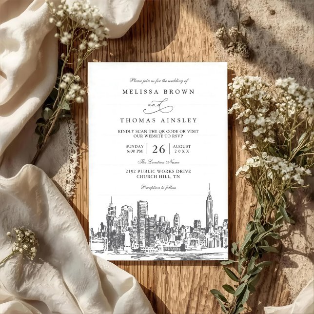 Love in New York Elegant Modern QR Code Wedding Inbjudningar (Skapare uppladdad)
