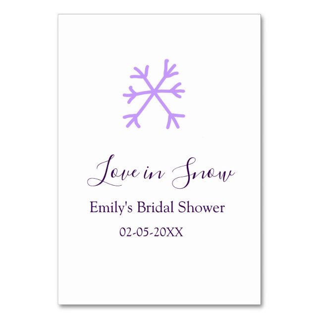 Love in Snow bridal shower purple snowflakes paste Bordsnummer (Framsidan)