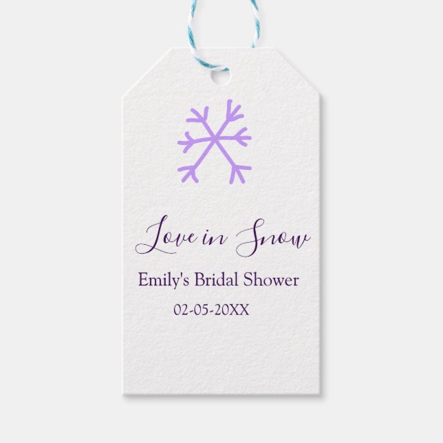 Love in Snow bröllopsfest lila snöflingor pasta Presentetikett (Framsidan)