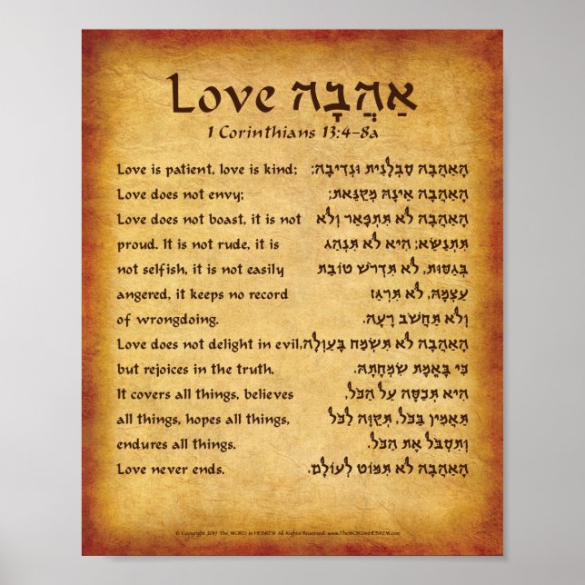 Love is... 1 Corinthians 13:4-8a in Hebrew Poster (Framsidan)
