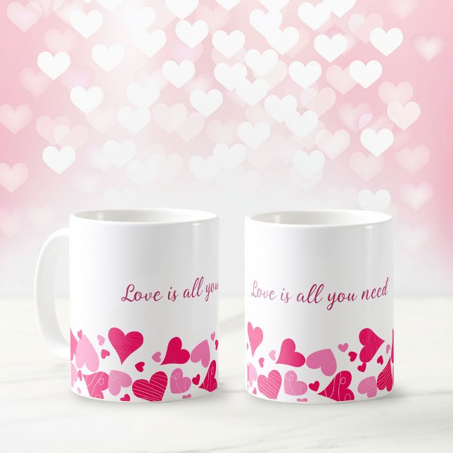 Love Is All You Need Heart Border Coffee Mug Kaffemugg ("Love is all you need" coffee mug with a border of hearts)