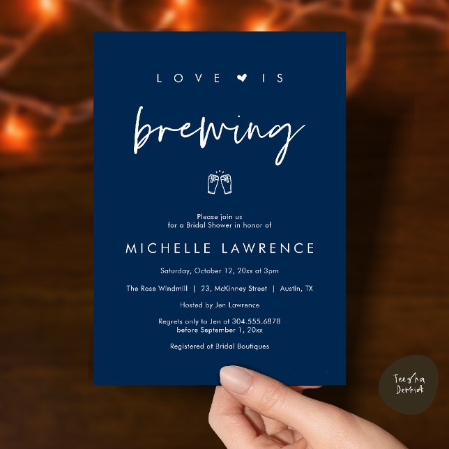 Love is brewing, Beer Party,  Bridal Shower Inbjudningar (Love is brewing, Beer Party, Bridal Shower Invites card, booze love laughter, in navy blue)