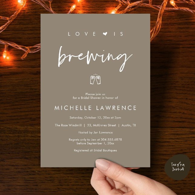 Love is brewing, Beer Party,  Bridal Shower Inbjudningar (Love is brewing, Beer Party, Bridal Shower Invites card, booze love laughter, in warm taupe brown)
