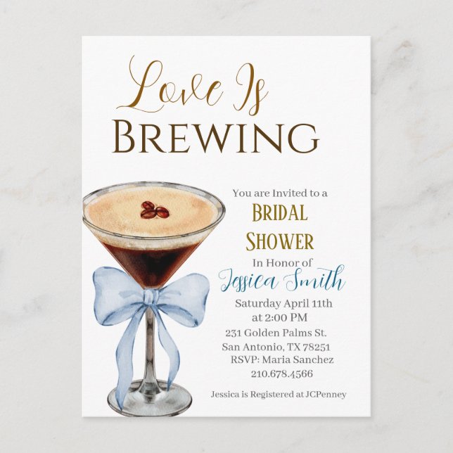 Love is Brewing Blue Bridal Shower Invitation  Vykort (Framsida)