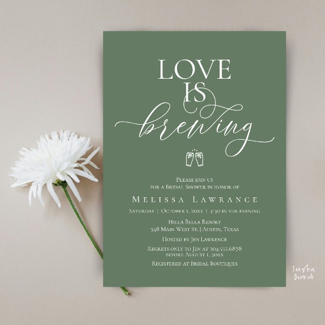 Love Is Brewing Bridal Shower | Elegant Skriftstil Inbjudningar (Love Is Brewing Bridal Shower | Elegant Script Invitation Card in Sage Green)