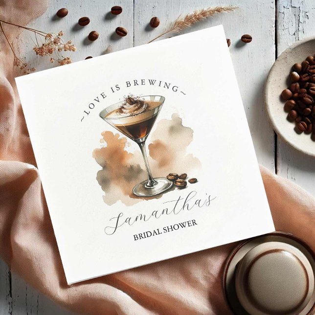 Love is Brewing Bridal Shower Espresso Martini Pappersservett (Bridal shower napkins coffee espresso martini theme illustrated art Do Tell A Belle)