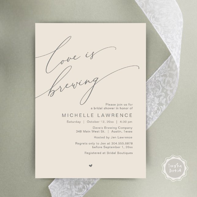 Love is Brewing, Bridal Shower Party Celebration Inbjudningar (Love is Brewing, Bridal Shower Party Beer Wine Tasting Romantic Invites Card Charm Cream Grey)