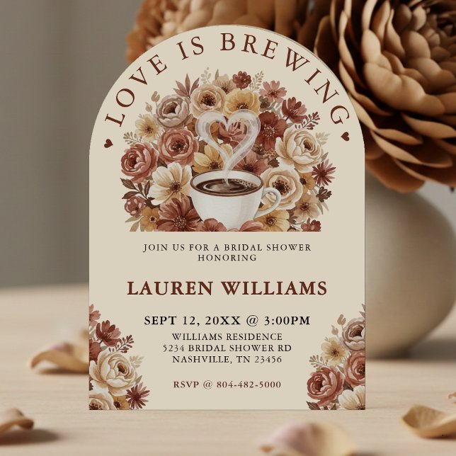 Love is Brewing Brown Floral Coffee Heart Bridal Inbjudningar (Skapare uppladdad)