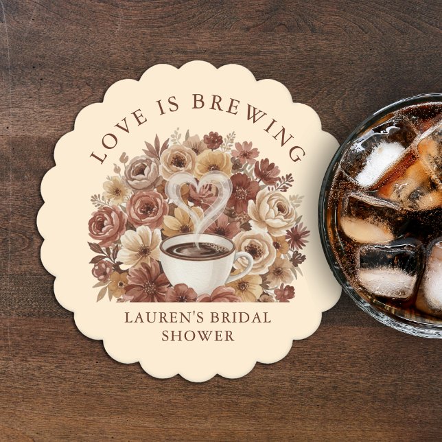 Love is Brewing Brown Floral Coffee Heart Bridal Underlägg Papper (Love is Brewing Brown Floral Coffee Heart Bridal Paper Coaster
)