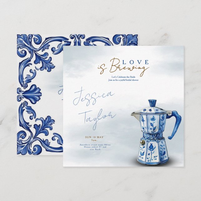 Love is Brewing Chinoiserie blue Bridal Shower Inv Inbjudningar (Fram/baksida)