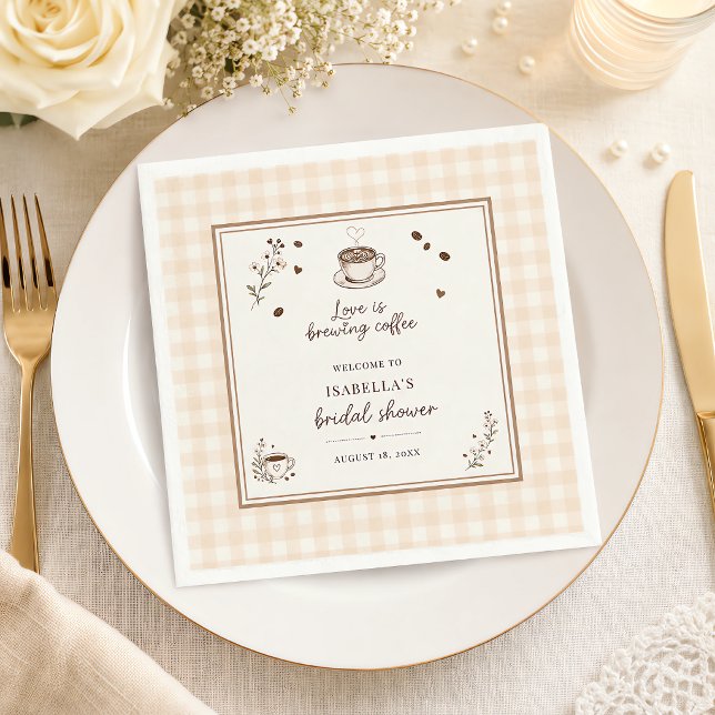 Love Is Brewing Coffee Boho Beige Anpassad Pappersservett (Love Is Brewing Coffee Boho Beige Custom Napkins)