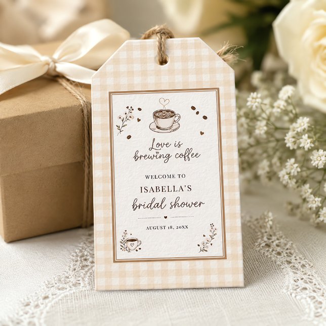 Love Is Brewing Coffee Boho Beige Anpassad Presentetikett (Love Is Brewing Coffee Boho Beige Custom Gift Tags)