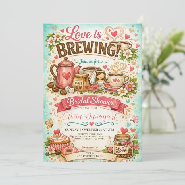 Love is Brewing Coffee Hand Drawn Bridal Shower Inbjudningar (Stående Fram)