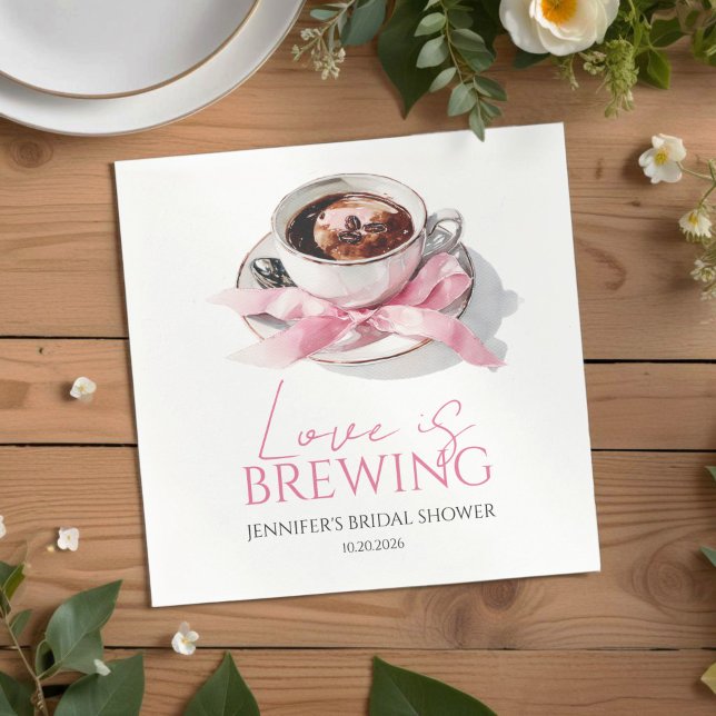 Love Is Brewing Coffee Pink Bow Bridal Shower Pappersservett (Skapare uppladdad)