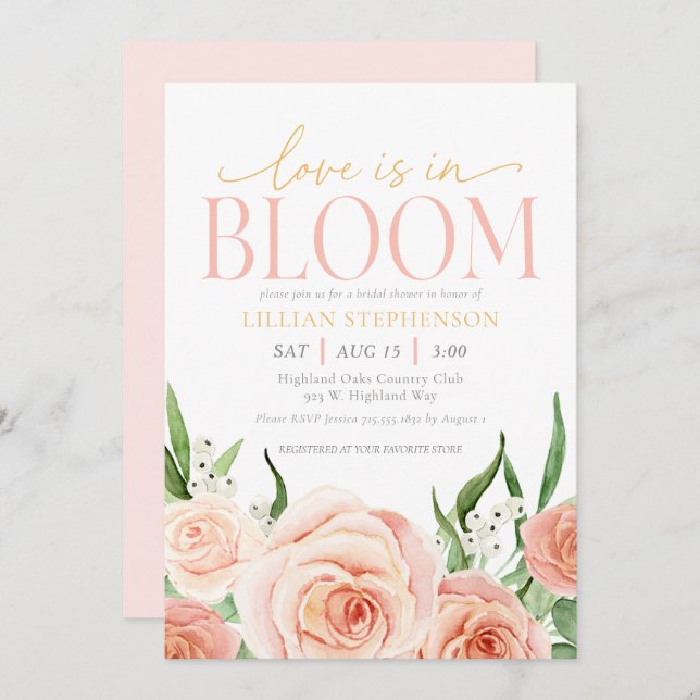 Love Is In Bloom Blush Pink Floral Bridal Shower Inbjudningar (Fram/baksida)