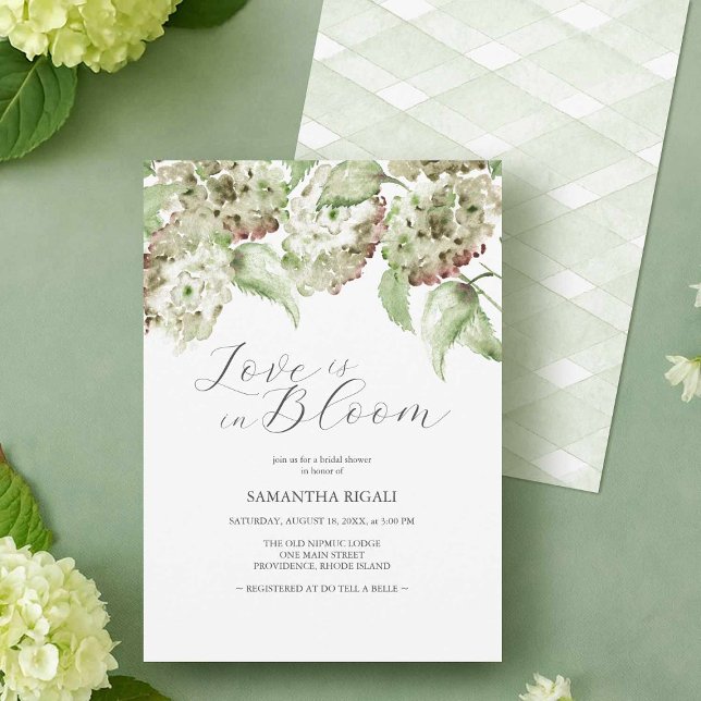 Love Is In Bloom Bröllopsfestinladningar Hydrangea Inbjudningar (Elegant Bridal Shower Invitation Designs for a Rustic Theme with watercolor green hydrangeas)
