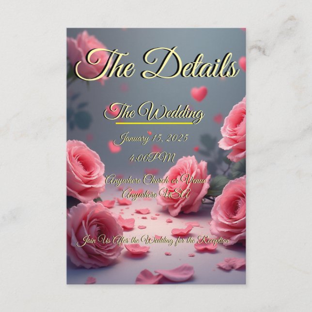 Love is in Bloom Details Pink Roses Wedding Invite Tilläggskort (Framsida)