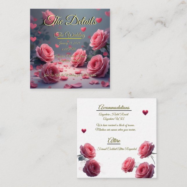Love is in Bloom Details Pink Roses Wedding Invite Tilläggskort (Fram/baksida)