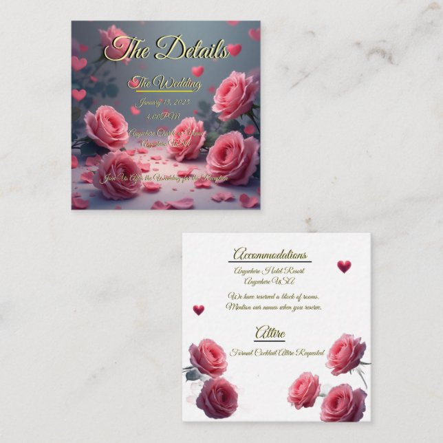 Love is in Bloom Details Pink Roses Wedding Invite Tilläggskort (Fram/baksida)
