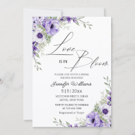 love is in bloom, purple floral bridal shower   inbjudningar