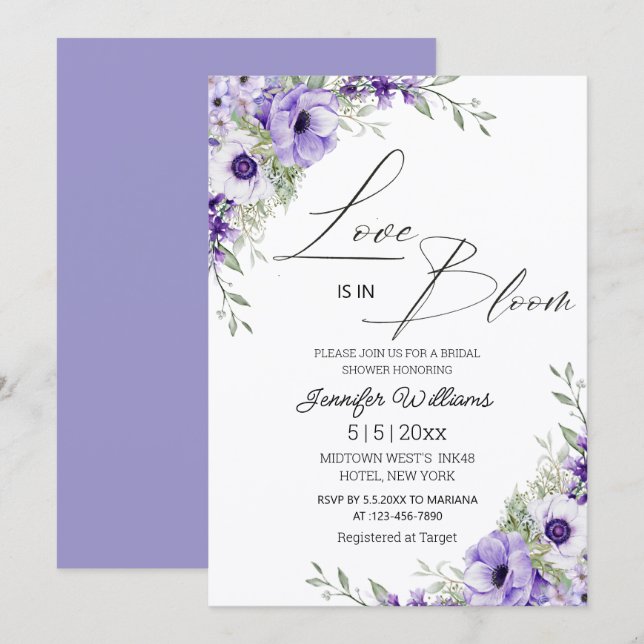 love is in bloom, purple floral bridal shower   inbjudningar (Fram/baksida)