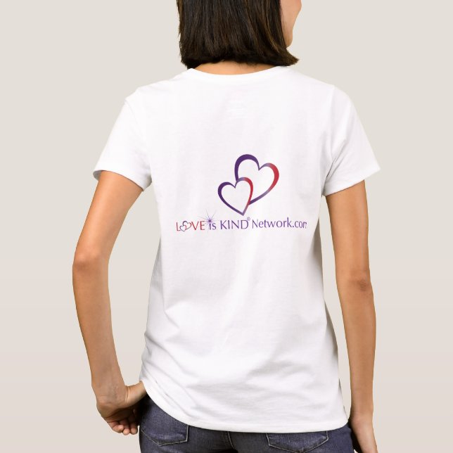 Love is Kind--Red Hearts Purple--White W T-Shirt (Baksida)