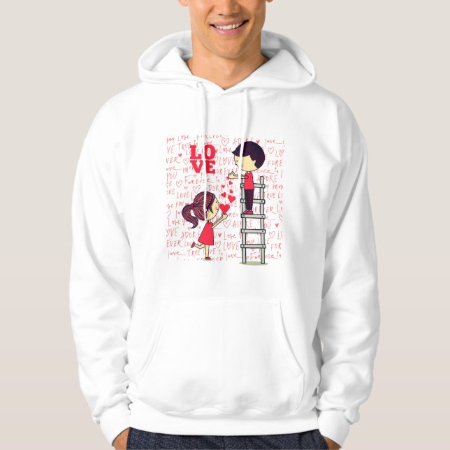 “Love Is Reaching Each Other – Cute Cartoon Valent Hoodie (Framsida)
