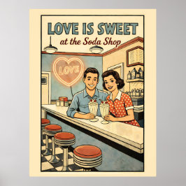 Love is Sweet at the Soda Shop Retro Milkshake Poster