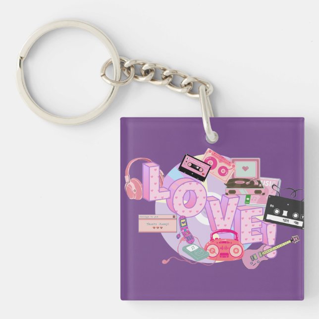 LOVE Keychain – Pink & Purple Retro Music Memories (Framsidan)