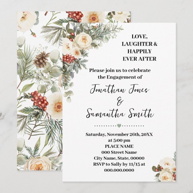 Love Laughter Happily Engagement Winter Floral Inbjudningar (Fram/baksida)
