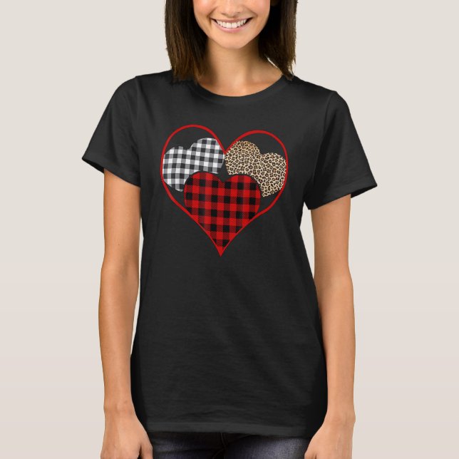 Love Leopard Buffalo Red Plaid Heart Happy Valenti T Shirt (Framsida)