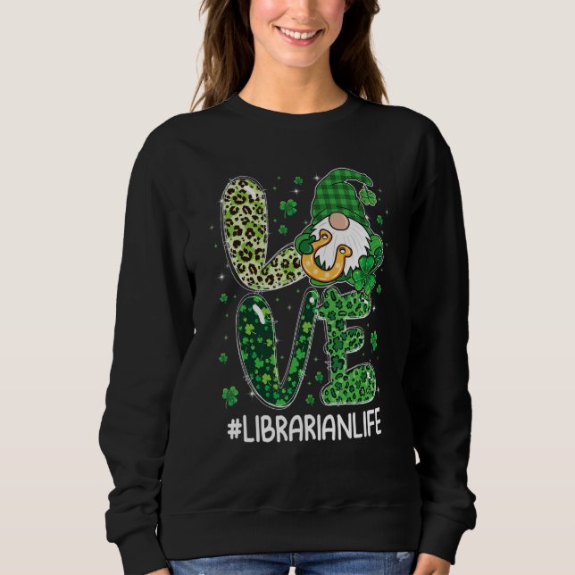 LOVE Librarian Life Gnome Leopard Shamrock St Patr T Shirt (Framsida)