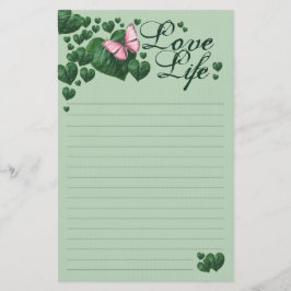 Love Life-Pink Butterfly with Heart Leaves Brevpapper