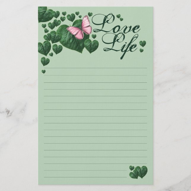 Love Life-Pink Butterfly with Heart Leaves Brevpapper (Framsida)