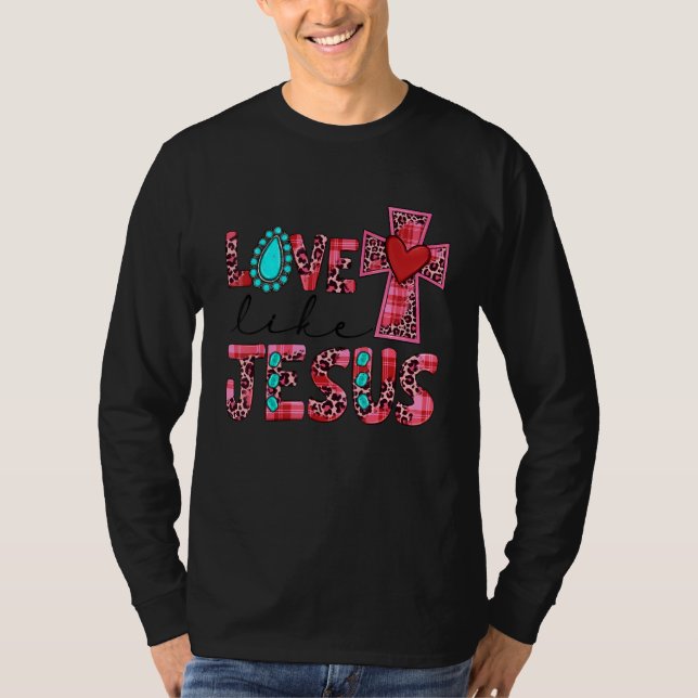 Love Like Jesus Pink Leopard Plaid Christian Valen T Shirt (Framsida)