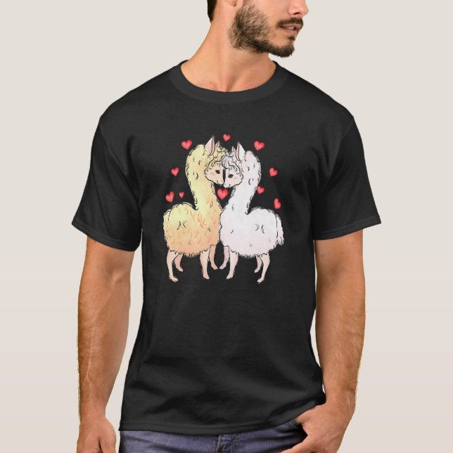 Love Llama Couples Hearts Retro Groovy 70s Valenti T Shirt (Framsida)
