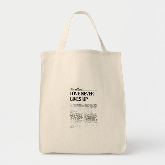 Love Never Gives Up Grocery Bag Tygkasse (Framsidan)
