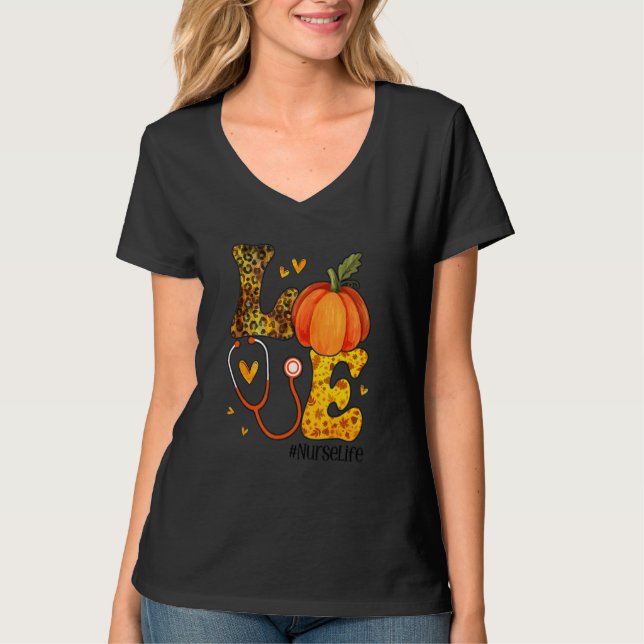 Love Nurse Life Fall Nurse Leopard Plaid Thanksgiv T Shirt (Framsida)