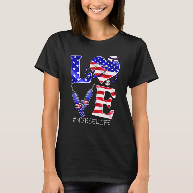 Love Nurse Life Scrub 4th Of July American Flag Wo T Shirt (Framsida)