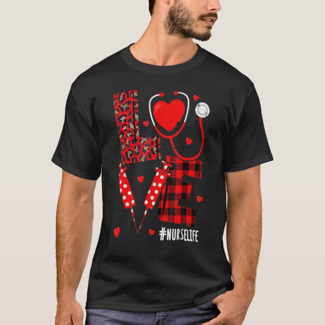 LOVE Nurse Life Valentine Day Leopard Plaid Red He T Shirt (Framsida)