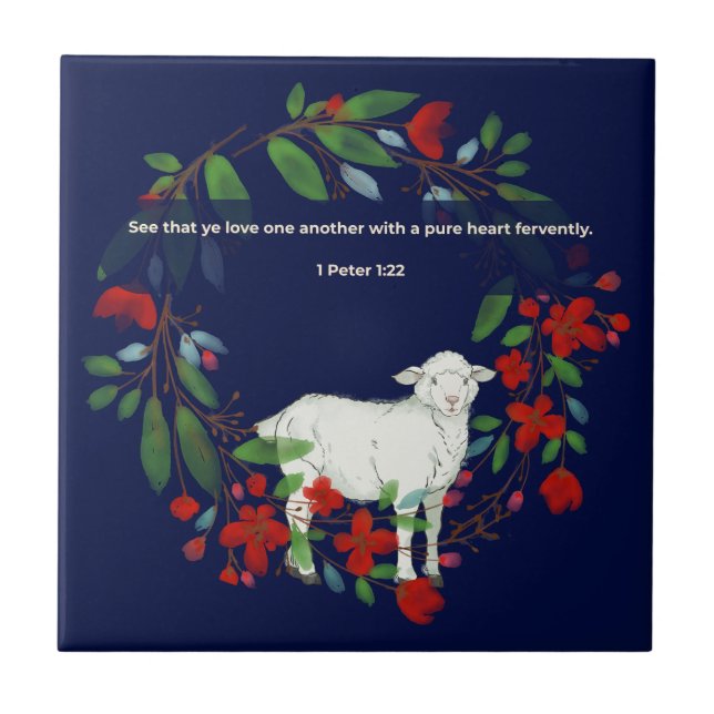 Love One Another | Lamb & Floral Ceramic Tile Kakelplatta (Framsidan)