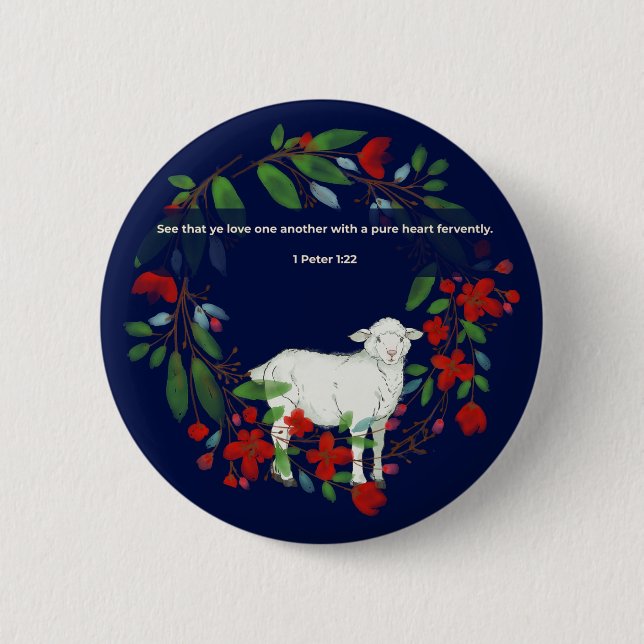 Love One Another | Lamb & Floral Christian Button Knapp (Framsida)