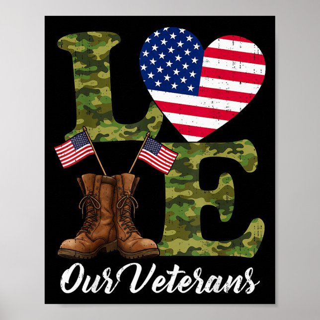 Love Our Veterans Usa Flag Heart Patriotic Army Mi Poster (Framsidan)