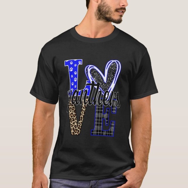 Love Panthers Maskot Skolanda blå vit leopard T Shirt (Framsida)