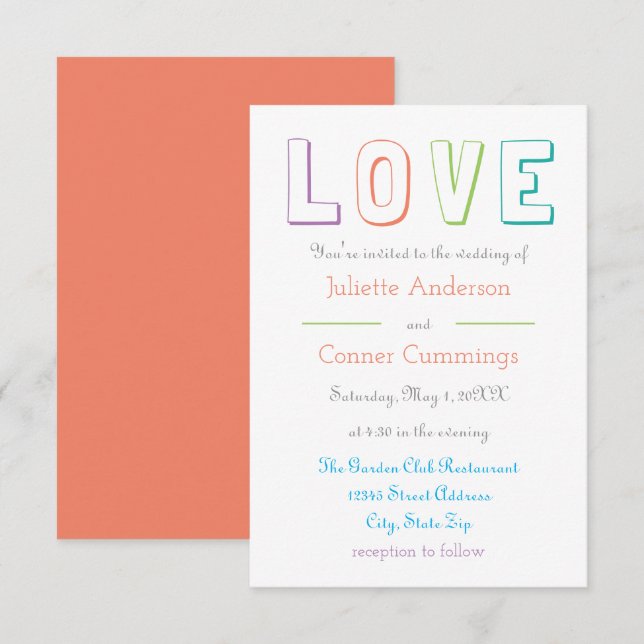 LOVE pastell - 3x5 bröllopsinbjudan Inbjudningar (Fram/baksida)